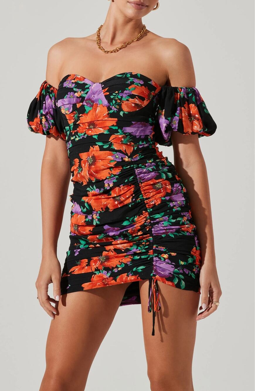 ASTR The Label Dress SZ Small NEW Sylvie Floral Ruched Mini Puff Sleeve NWOT
